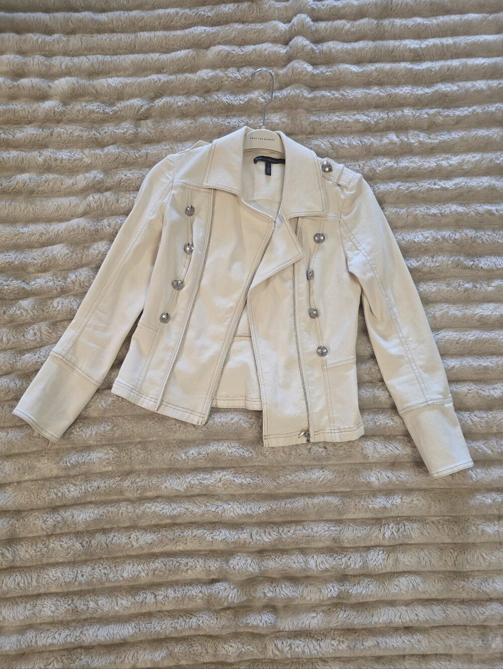 WHBM Cream Denim Military-Style Zip Up Jacket With Button Detail